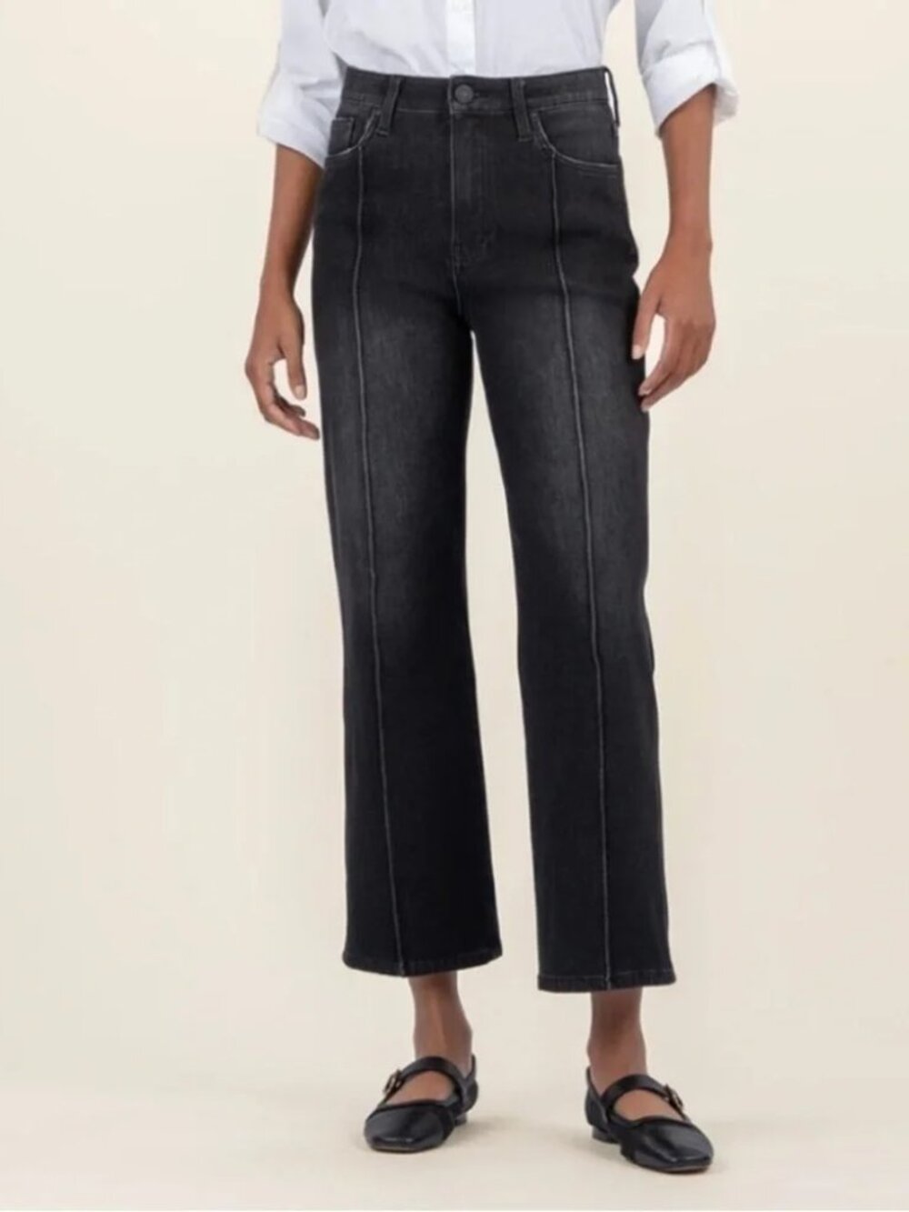 Kut from the Kloth Jeans Sz 14 Black Charlotte Wide Leg Flare High Rise Pintuck